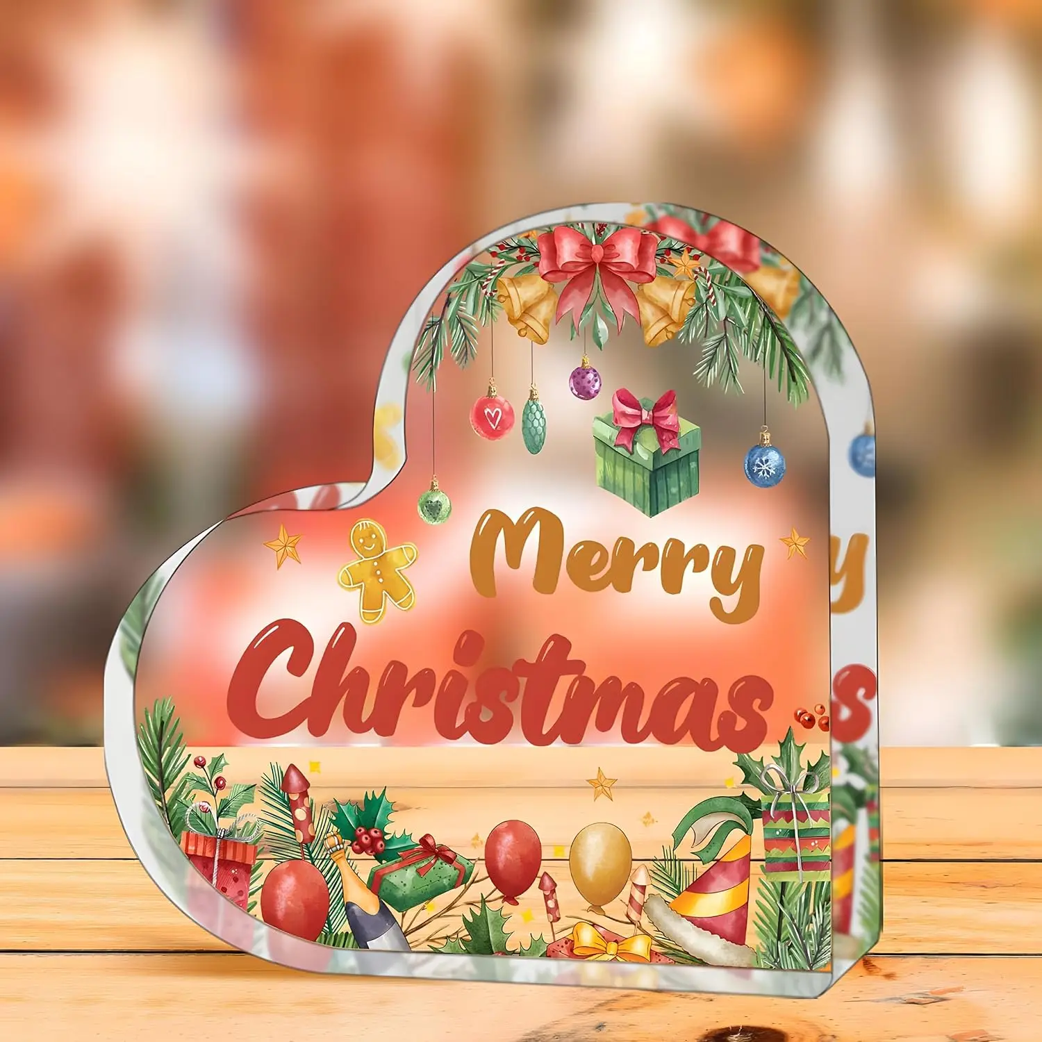 Watercolor Style Merry Christmas Heart Acrylic Tabletop Plaque Balls Bell Gingerbread Man Festive Table Decoration