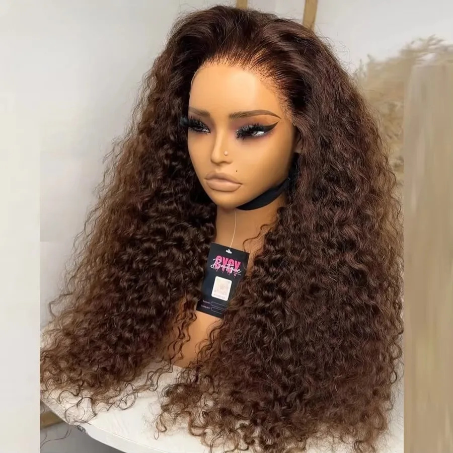 Chocolate Brown Kinky Curly Glueless Lace Front Wig 13x4 HD Deep Wave Lace Wigs With Baby Hair Pre Plucked Synthetic For Women