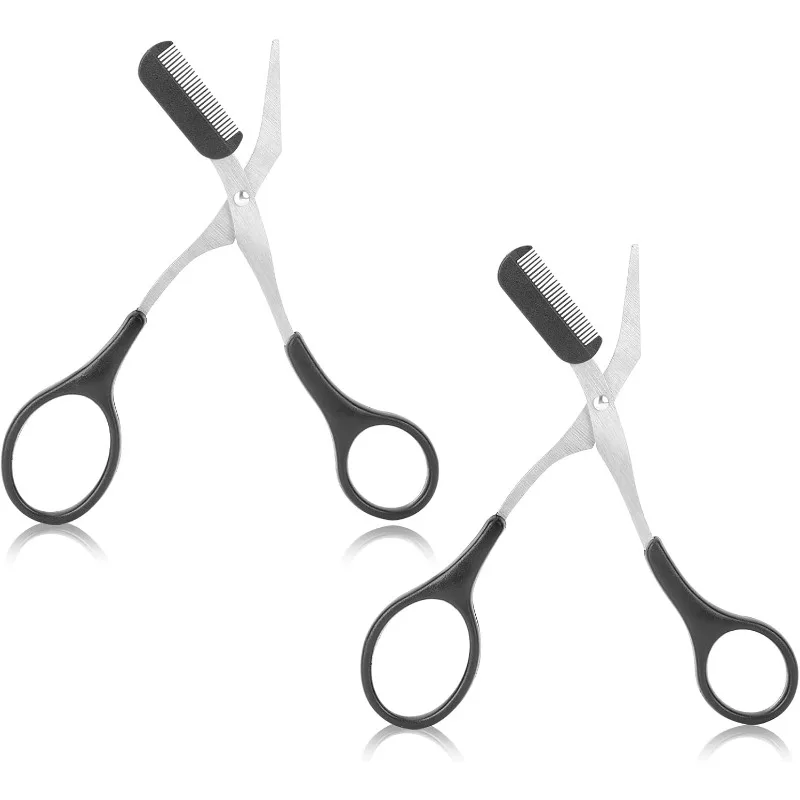 Professional Eyebrow Trimmer Scissors with Comb,Stainless Steel,Black,Ambidextrous,Straight Edge,2 Count,Perfect for Men & Women