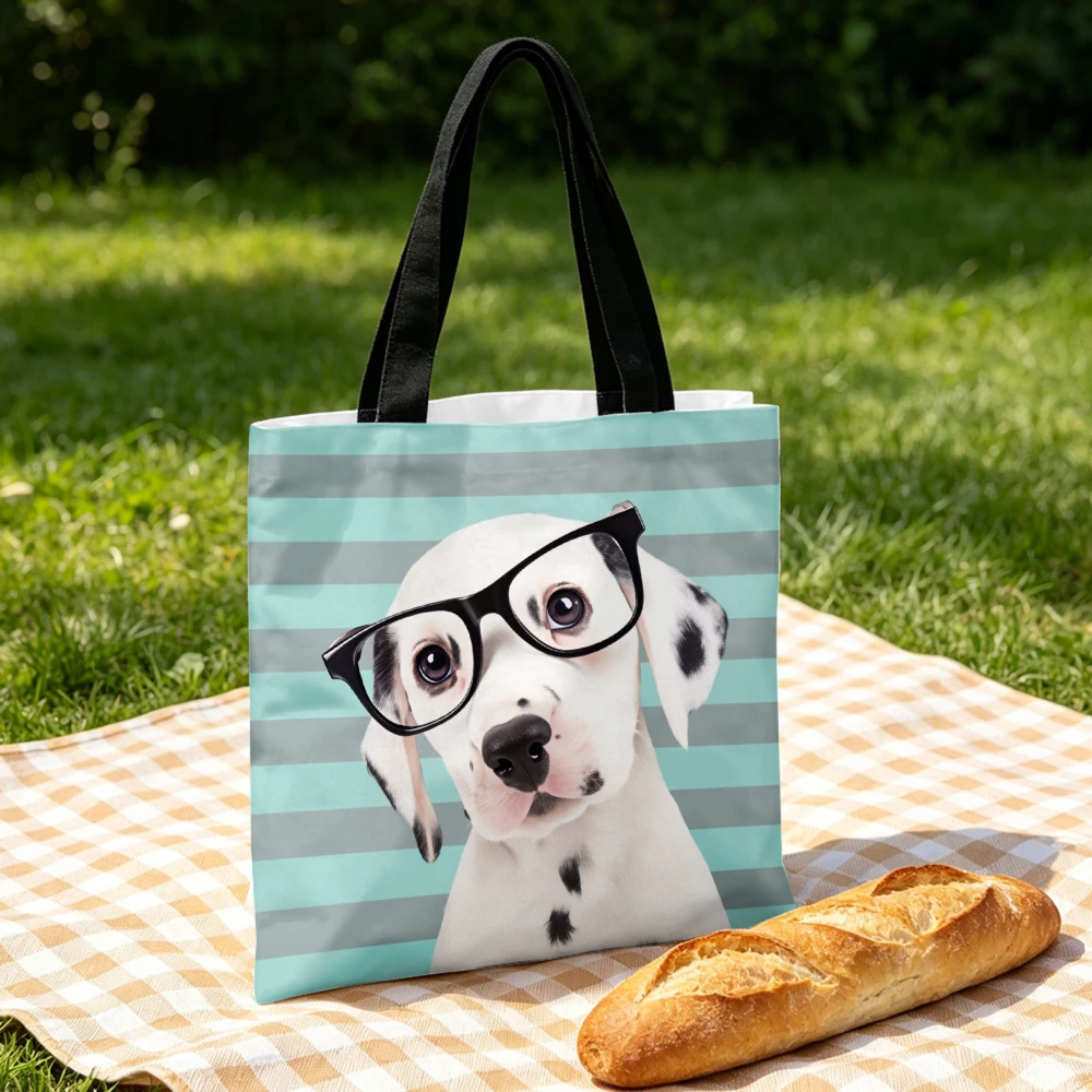 Dalmatian Dog With Glasses Handbag Striped Print Tote Bags And Makeup Bag Combination For Pet Lovers Use Portable Pouch