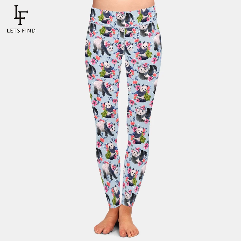 LETSFIND New Cute Pandas and Flowers Digital Printing Women High Waist Leggings Fashion  Elastic Fitness Leggings