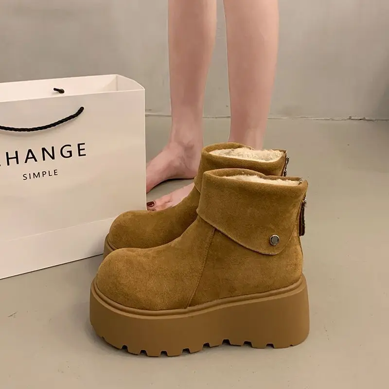 2026 New Women's Platform Snow Boots, Winter Warm Furry Lined Shoes, Fashion Thick Sole Mid Calf Boots