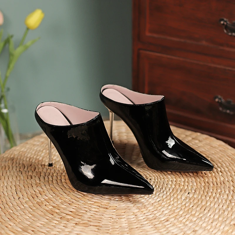Silver Women\'s Slippers Sexy Mules Shoes For Women High Heels Sandals Pointed Toe Slides Party Shoes Female Black Large Size 45