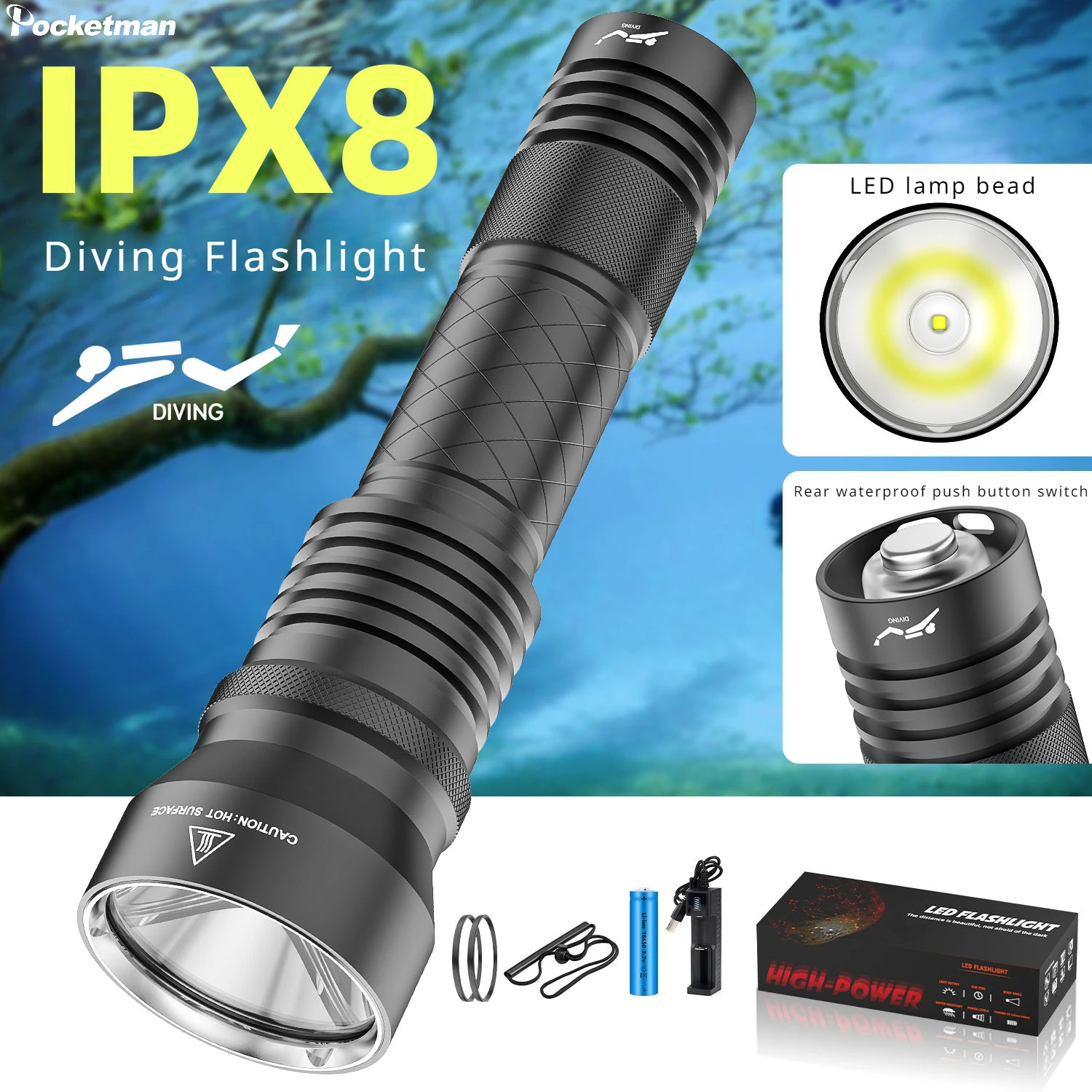 

High Power Diving Flashlight IPX8 Waterproof Rating Professional Diving Light Powered by 18650 Battery With Hand Rope