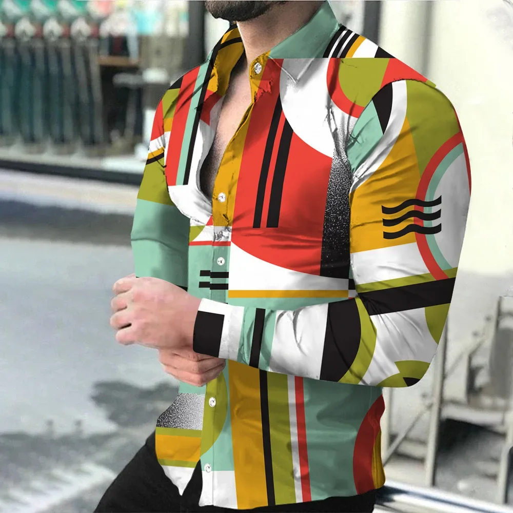 2025 New Spring and Autumn Colorful Splicing Casual Personalized Trendy Men's Long sleeved 3D Printed Shirt Large Shirt