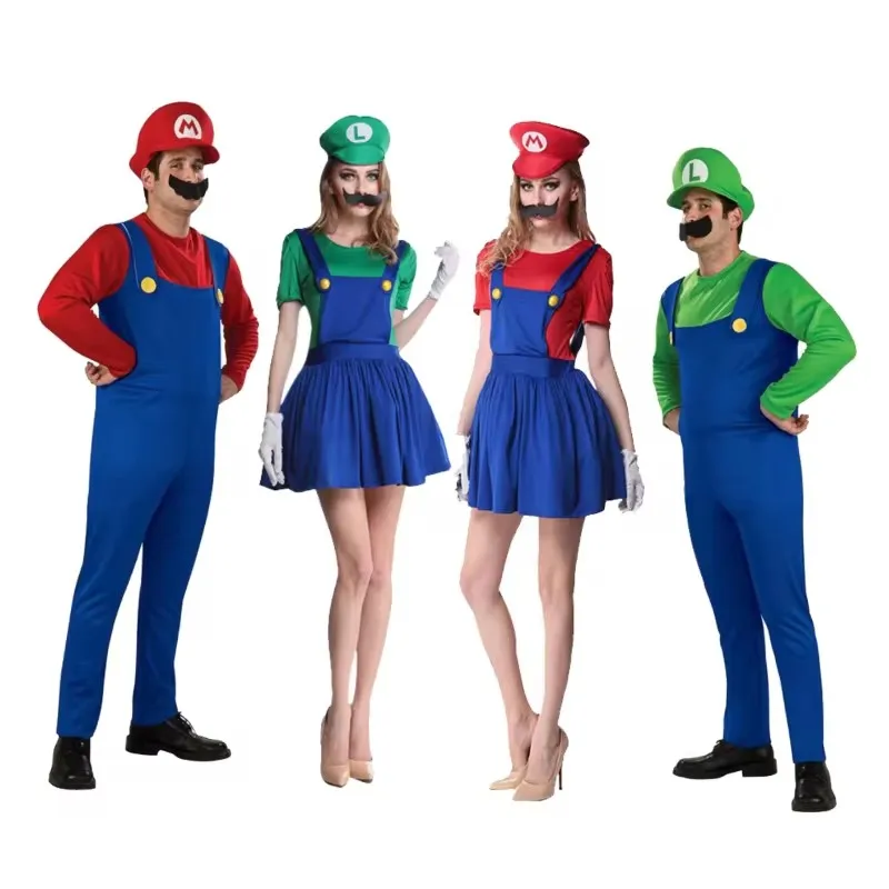 Anime Super Luigi Brothers Cosplay Erwachsene Männer und Frauen Jungen Mädchen Overall Bart Hut Set Halloween Kostüm Requisiten