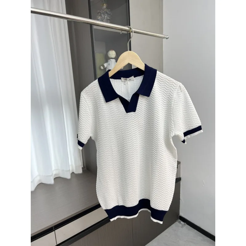 Turn-Down Collar Silk Shirt Men Color-Blocking Knitted Shirt Men Youth High-End Short Sleeve Summer New Men'S