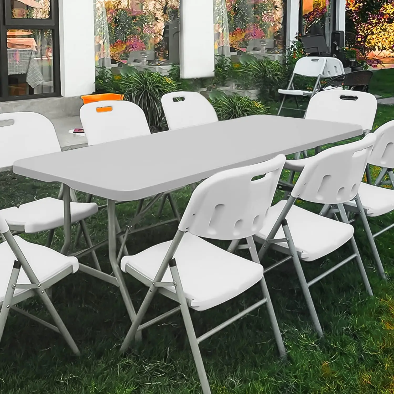 8Ft Folding Heavy Duty Utility Table, Indoor Outdoor Portable Plastic Wedding Event Picnic Table w/Steel Legs and Hand