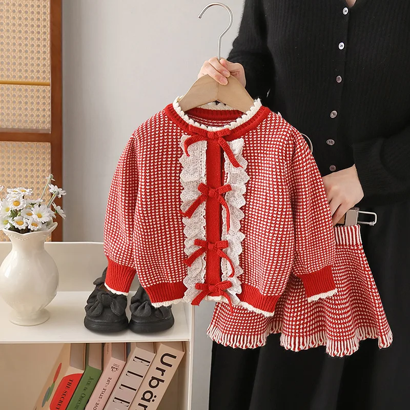 toddler girl sets 2024 autumn new baby knitted skirt and sweater lace kids wear