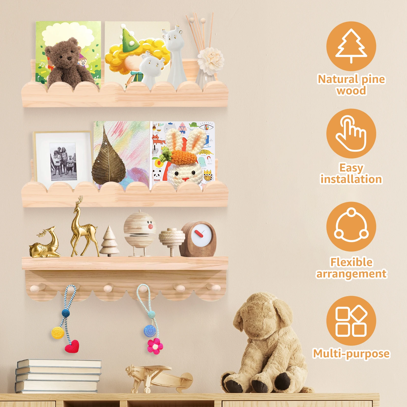 Wooden Floating Wall Shelves Storage Shelf With Hook Wood Organizer Display Stand Holder for Nursery Living Room Toddler Room