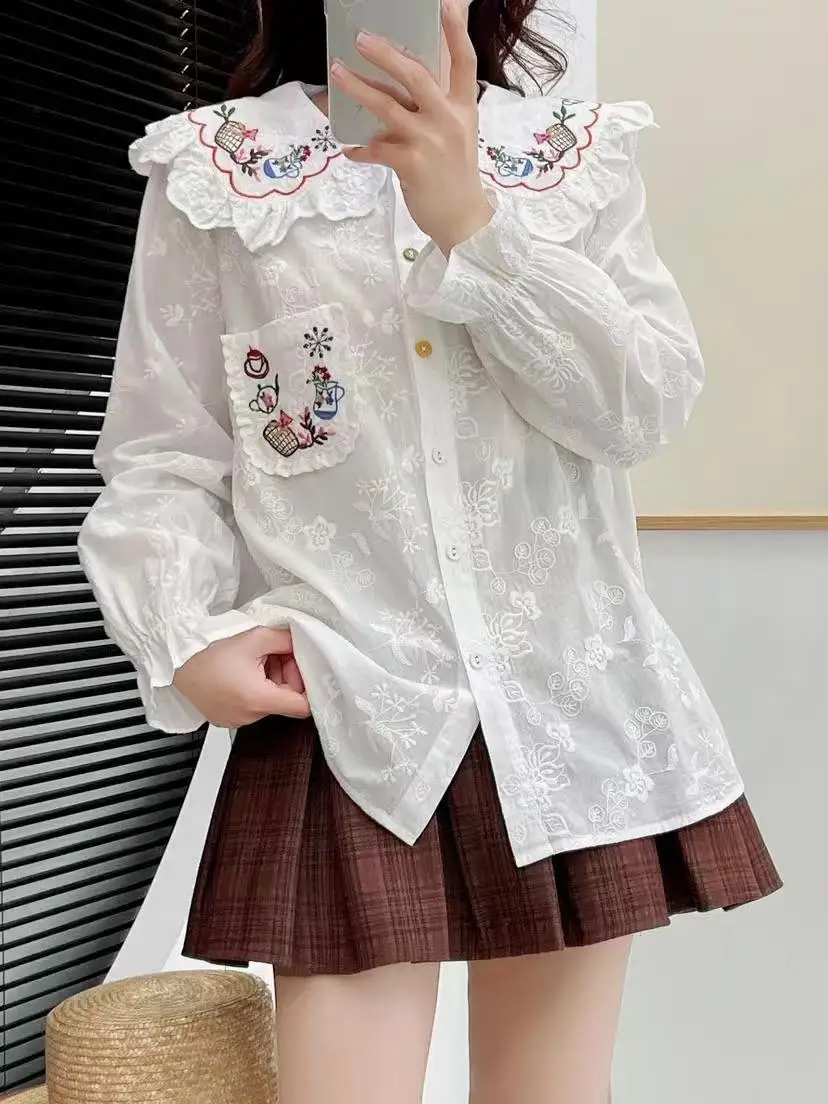 New Autumn Cotton Long Sleeve Shirt, Women Peter Pan Collar Embroidery Top, Mori Girl Sweet Loose Blouses, 2024 Winter T487150QC