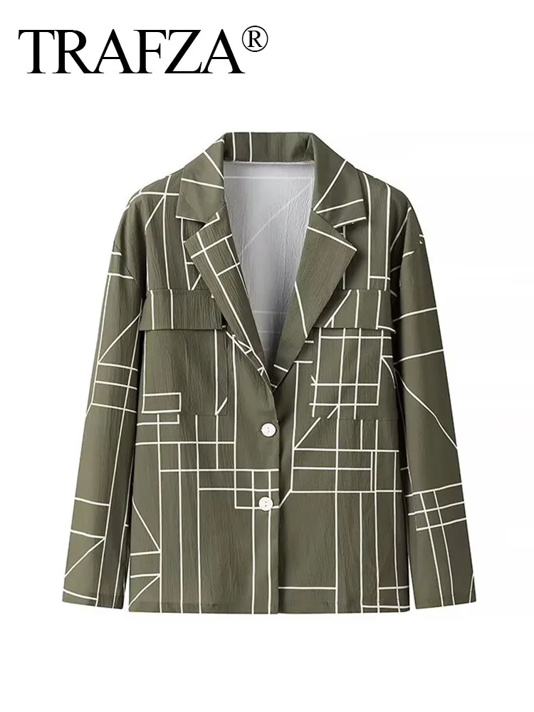 

TRAFZA Elegant Woman ArmyGreen Geometric Plaid Print Loose Blazer Top Autumn Women Lapel Long Sleeves Front Pocket Chic Blazer