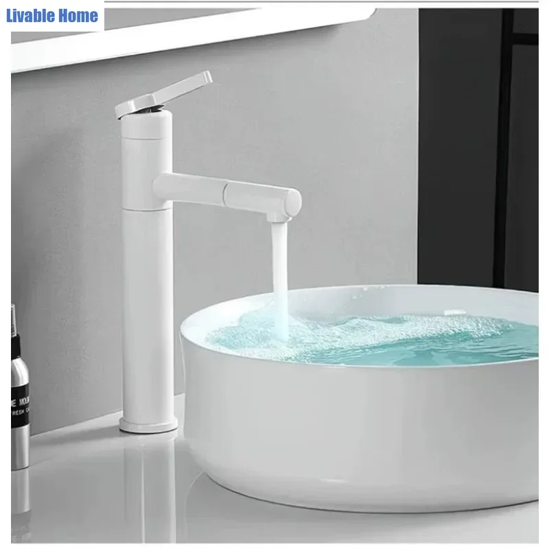 White Pull Out Basin Faucet 360° Rotatable Hot & Cold Dual Control Bathroom Sink Mixer Tap EU