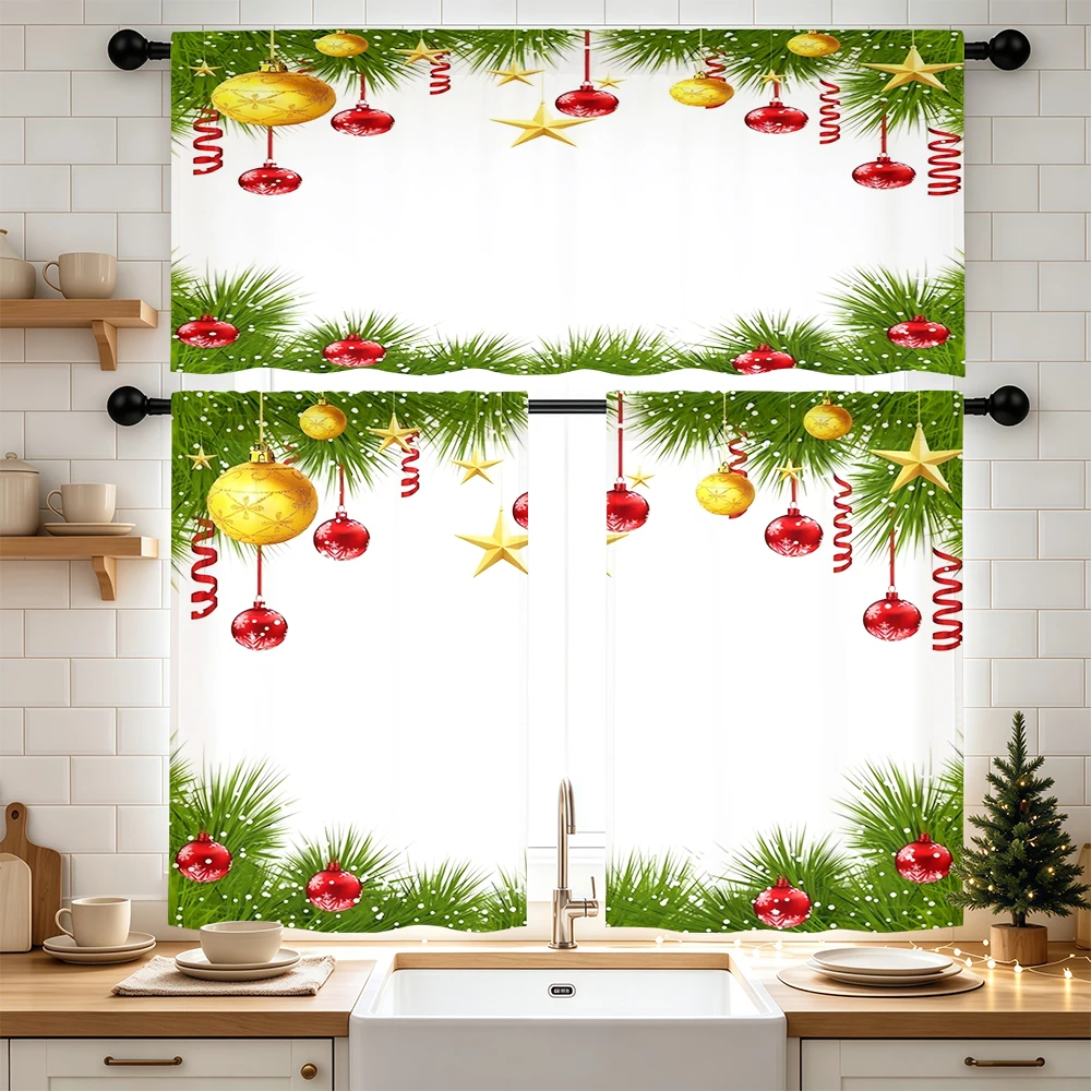 Christmas Winter Kitchen Curtains, Pine Branch Gold Star Red Ball, Digital Print, Kitchen Dining Room, Rod Pocket Polyester