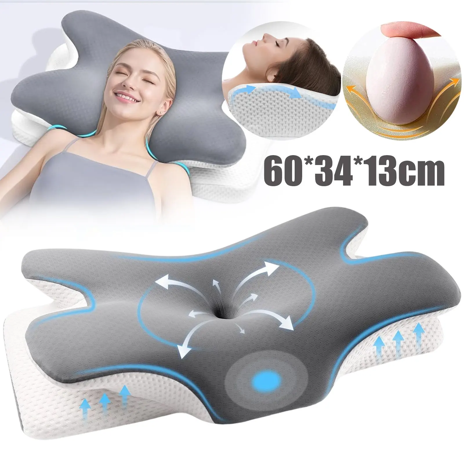 Schmetterlingsförmiges Ergonomisches Memory-Schaum-Kissen mit Abnehmbarem Eisseide-Bezug, Stützkissen für Seiten-, Rücken- und Bauchschläfer