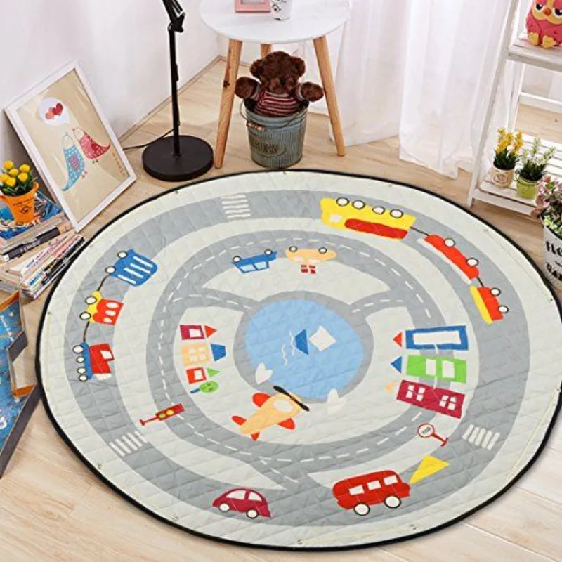Round Play Mat Cartoon City Traffic Road Map Printed Circular Carpet Small Town Buildings for Apartment Playroom Sofa