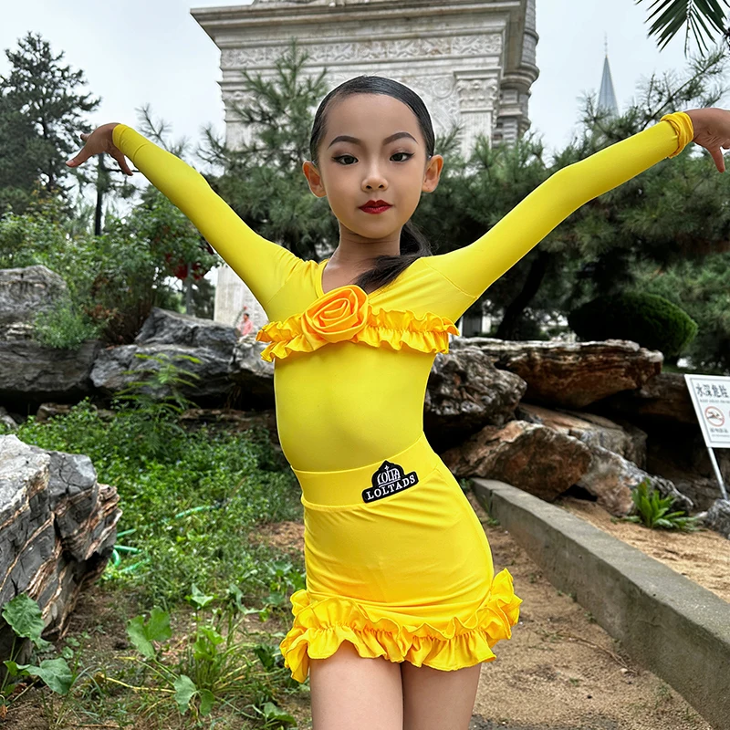 Girls Yellow Latin Dance Clothes Long Sleeve Performance Costume Kids Latin Dress ChaCha Samba Rumba Practice Clothing DL11011