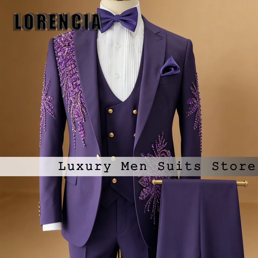 

Elegant Crystal Suits for Men 3 Pieces Set Beading Male Prom Outfits Slim Fit Wedding Groom Tuxedo 2026 Customized Blazer Pants