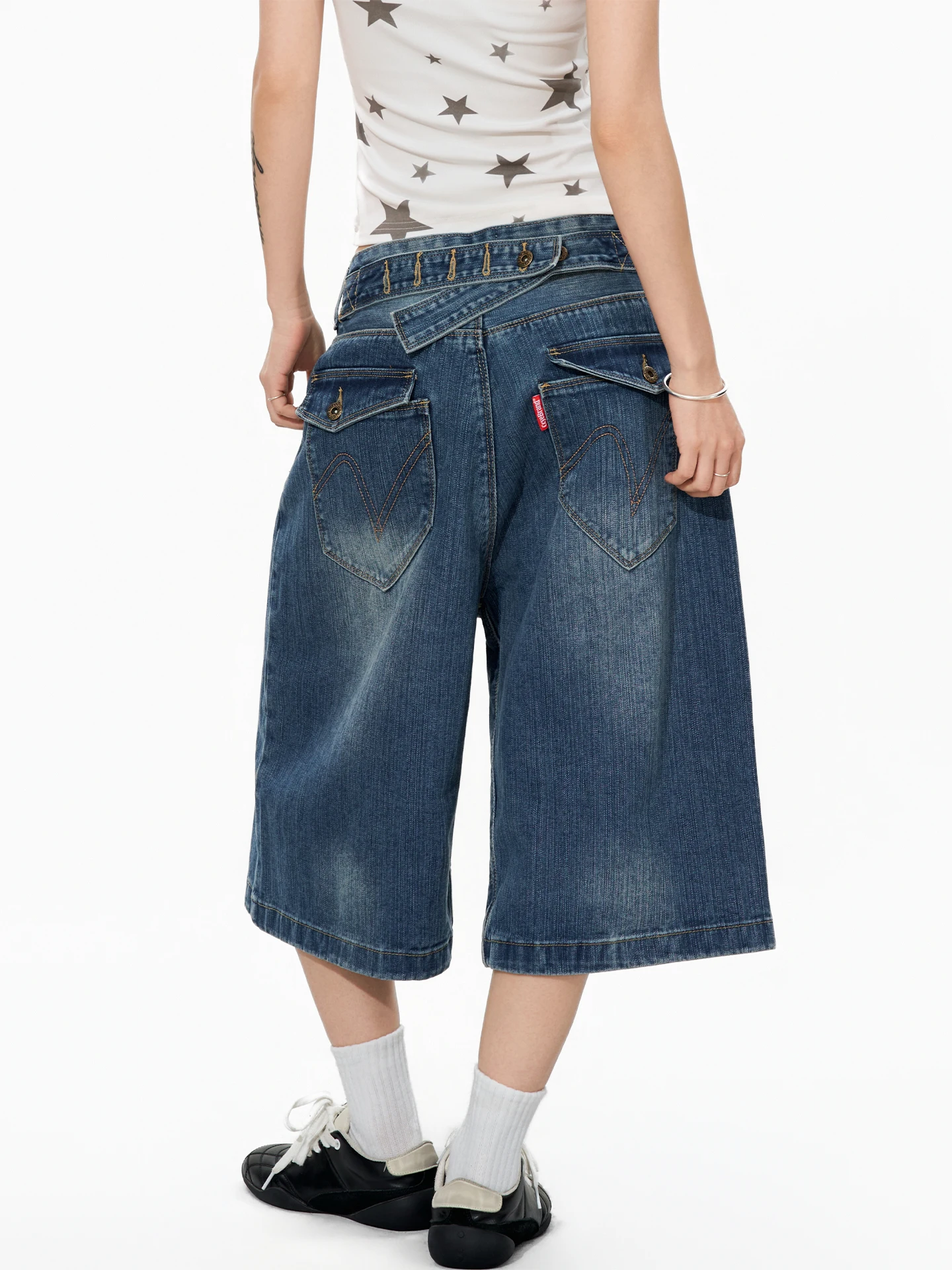 

S3T5 Bamboo Node Pattern Paris Buckle Seven-Foot Denim Jeans Men Women Summer New American Wash Design Oversize Knee-Length