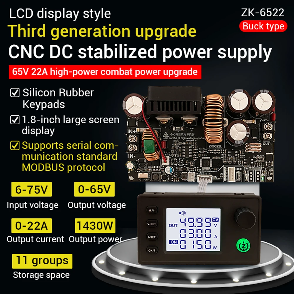 

ZK-6522 CNC Step-Down DC Adjustable Voltage Regulator Power Supply Constant Voltage Constant Current Module 22A/1400W