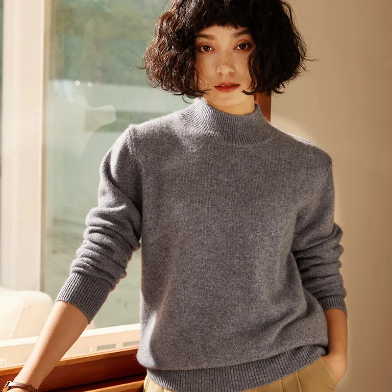 

Autumn/Winter New Women's 100% Cashmere Sweater Half High Neck Thickened Knit Pullover Long Sleeved Hot Selling Women's Clothing