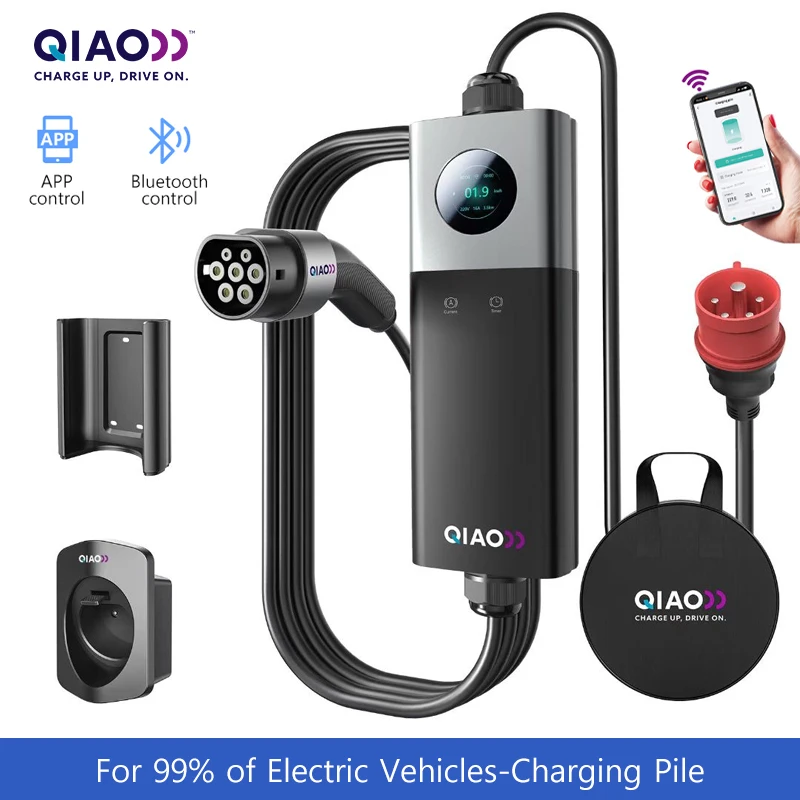 QIAO Home Portable Ev Charger Level 2 16A 32A 3.5KW 7.3kw 11KW 22KW 3Phase Type 2 Car Fast Charging Plug Chargeur for EV Car