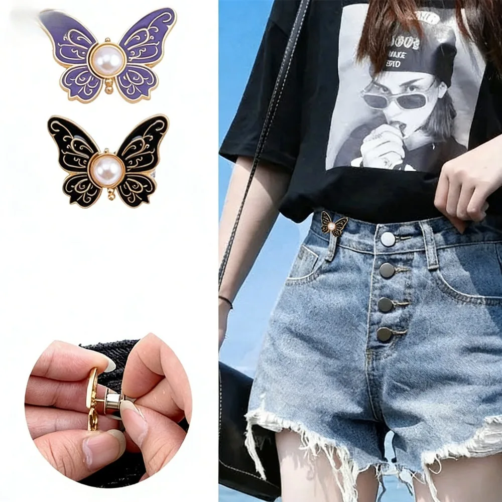 Butterfly Jeans Button Adjustable Clips, Waist Tightener Buckle for Pants & Skirts, Retractable Snap Button Adjuster