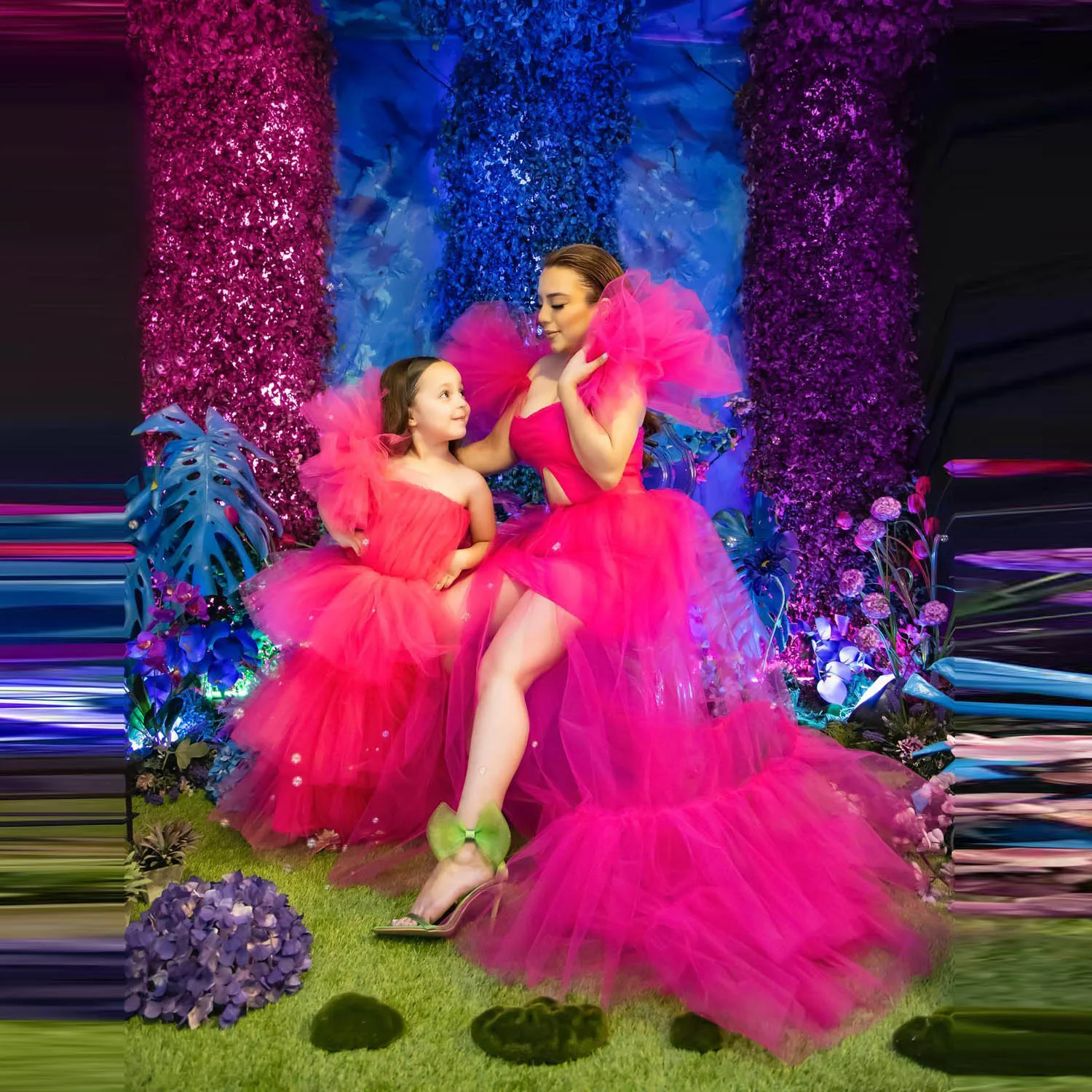 Fuchsia Mum and Daughter Party Dress Tulle Sexy Mother Daughter Matching Dress Tiered Sexy Family Look Gowns