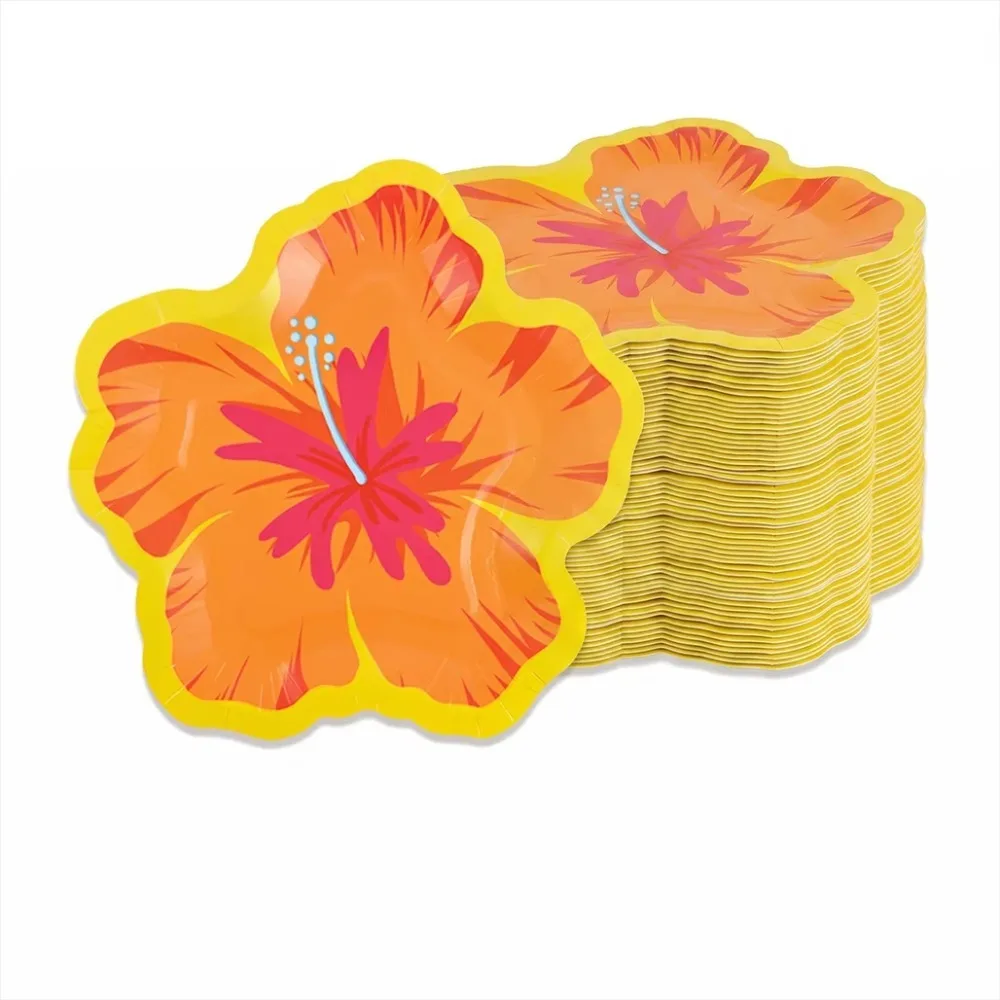20PCS Paper Hibiscus Flower Shaped Plates Colorful Waterproof Disposable Party Plate Thickened Festive Party Tableware Outdoor