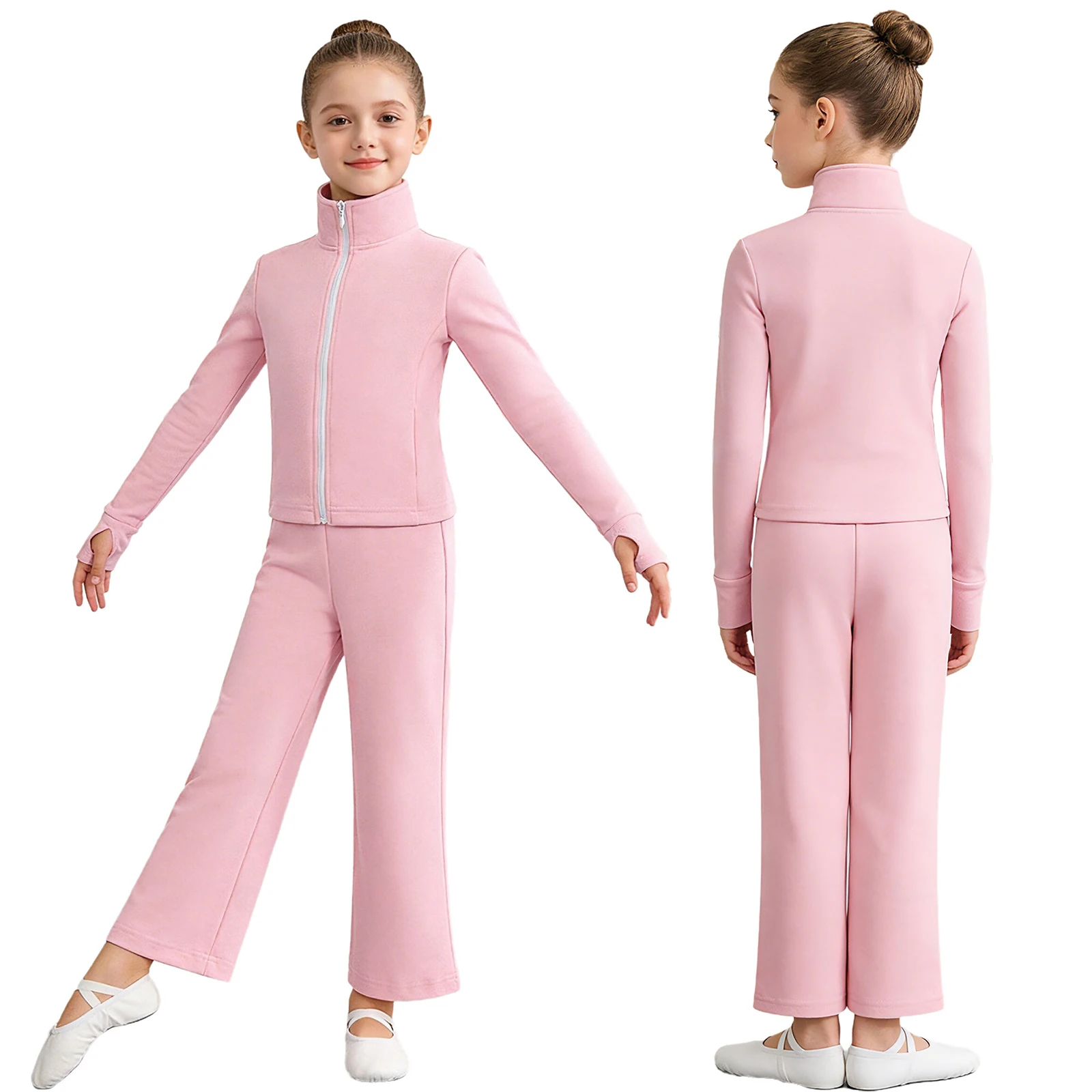 

Kid Girls Fleece Yoga Dance Practice Warm-Up Outfits Long Sleeves Zip-Up Jacket with Pants for Ice Skating Workout Sport Running