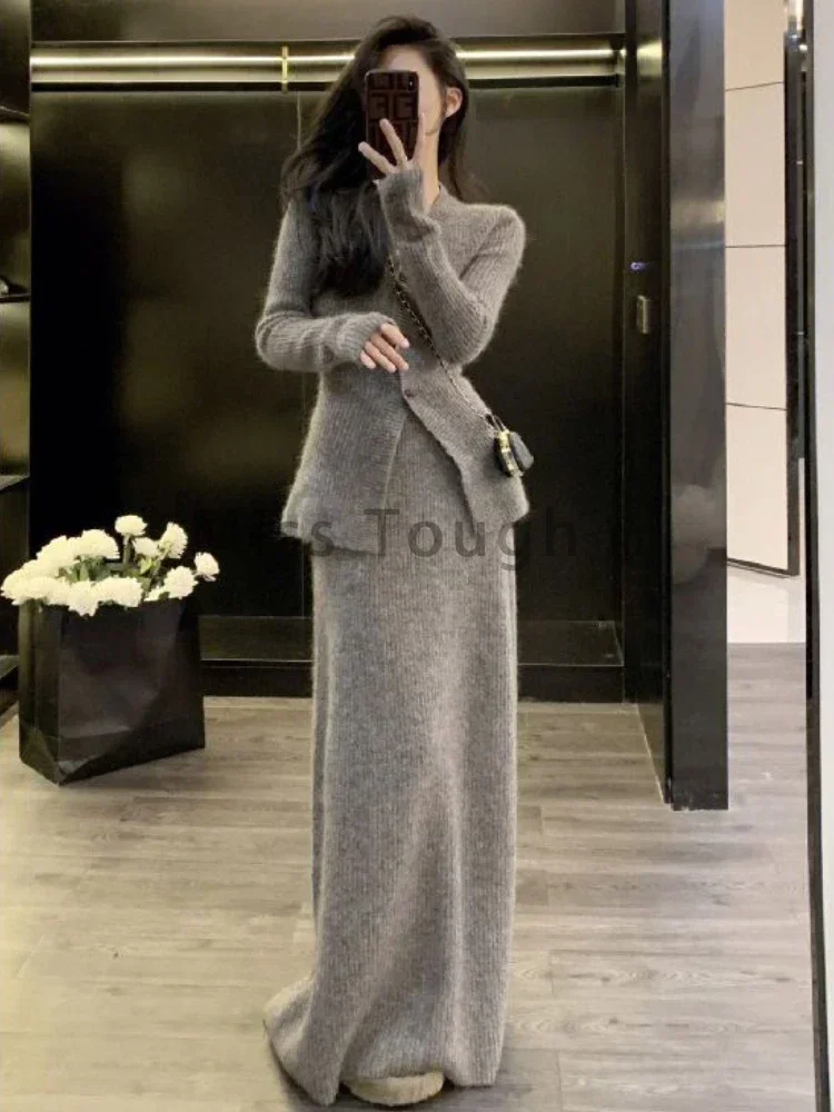 Winter Vintage Elegant 2 Piece Set Women V-neck Y2k Chic Kintted Skirt Suit Female Korean Fashion Casual Retro Sweater Set 2024