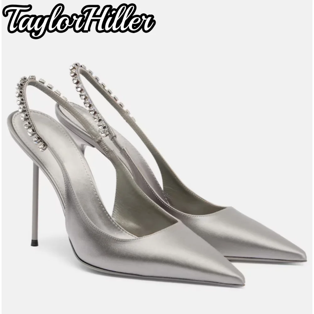 Sandalias de Tacón Alto con Tiras y Decoración de Pedrería, Estilo Extravagante, en Satén Gris y Charol, Zapatos de Vestir para Mujer, Ideales para Banquetes 2026