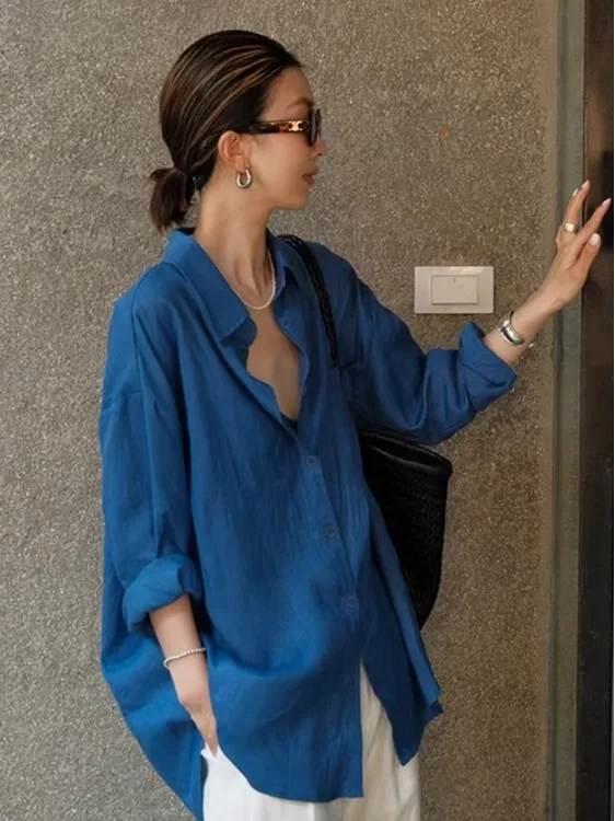 

Premium Flax Sun Protection Long Sve irt Loose Fit Summer Thin Cotton Linen Blue irt Casual Versatile Loose Sle
