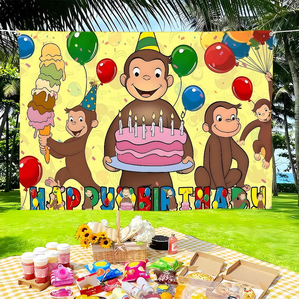 C-Curious George Monkey Cartoon flag Tapestries Outdoor Parties Bedrooms Living Rooms Dorm Rooms Wall Decor Banners Gifts