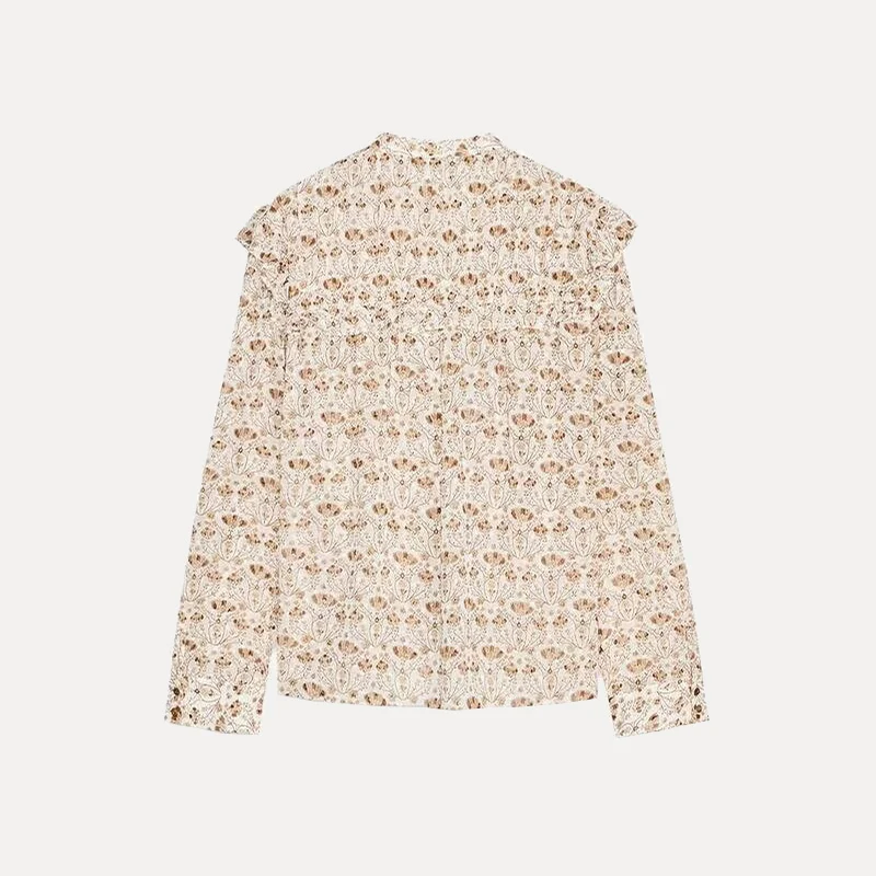 Primavera 2025 Donna Sle Long Sve Stampato Chiffon irt Colletto alla coreana Casual Loose Fit Fibra di poliestere 00% Nuovo arrivo