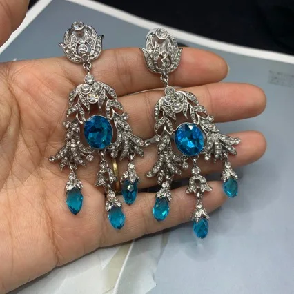 

Luxury Blue Chandelier Earrings - French-style Colorful Zircon Palace Tassel Studs