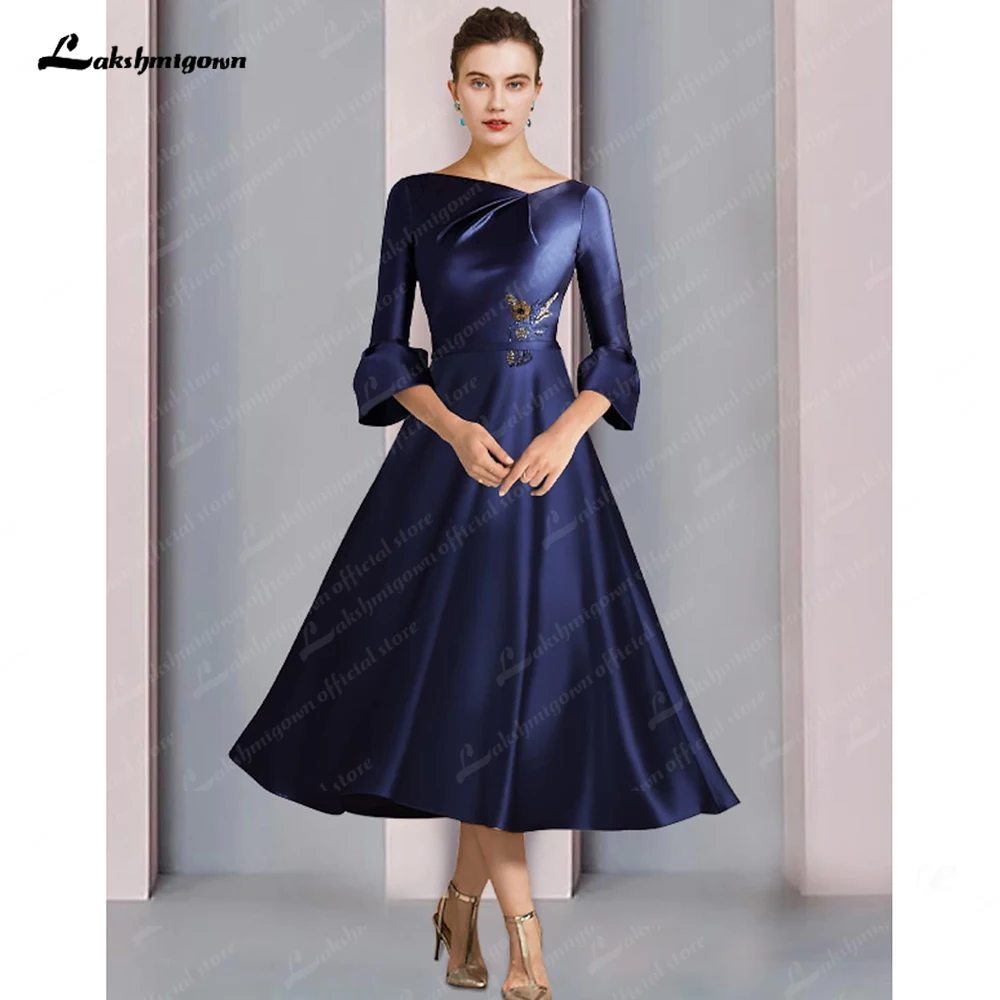 

A-Line Mother of the Bride Dress Formal Elegant Bateau Neck Tea Length Satin 3/4 Length Sleeve with Pleats