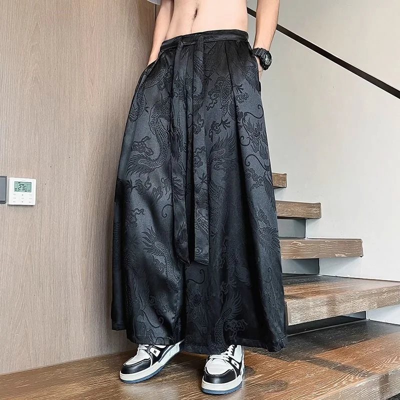 Chinese Style Dragon Pattern Jacquard Ice Silk Pants Chinese Hanfu Autumn New Style Loose and Large Swing Casual Wide Leg Pants
