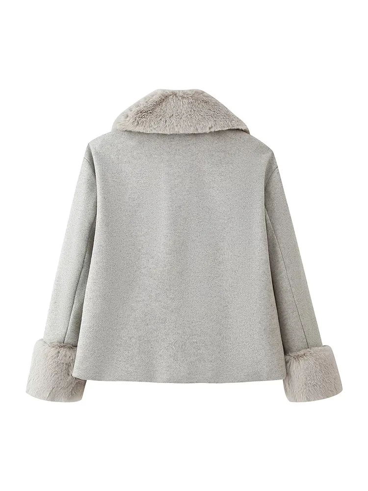 HH mujer moda invierno manga larga adorno de piel sintética traje de una sola botonadura solapa Chaqueta corta mujer ocio estilo callejero abrigo