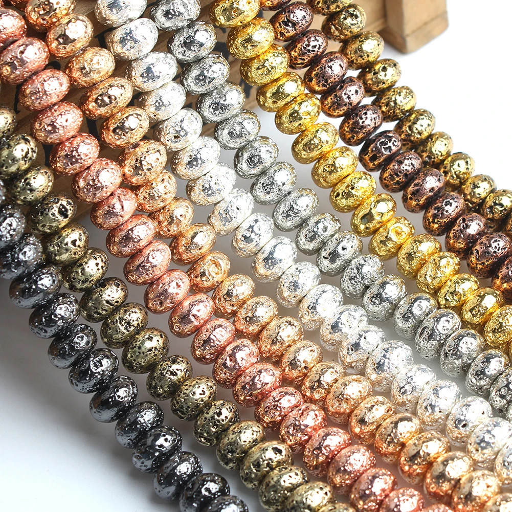 6/8/10mm Rondelle Plated Gold Volcanic Lava Bead Natural Stone Abacus Loose Beads for Jewelry Making DIY Bracelets Accessories