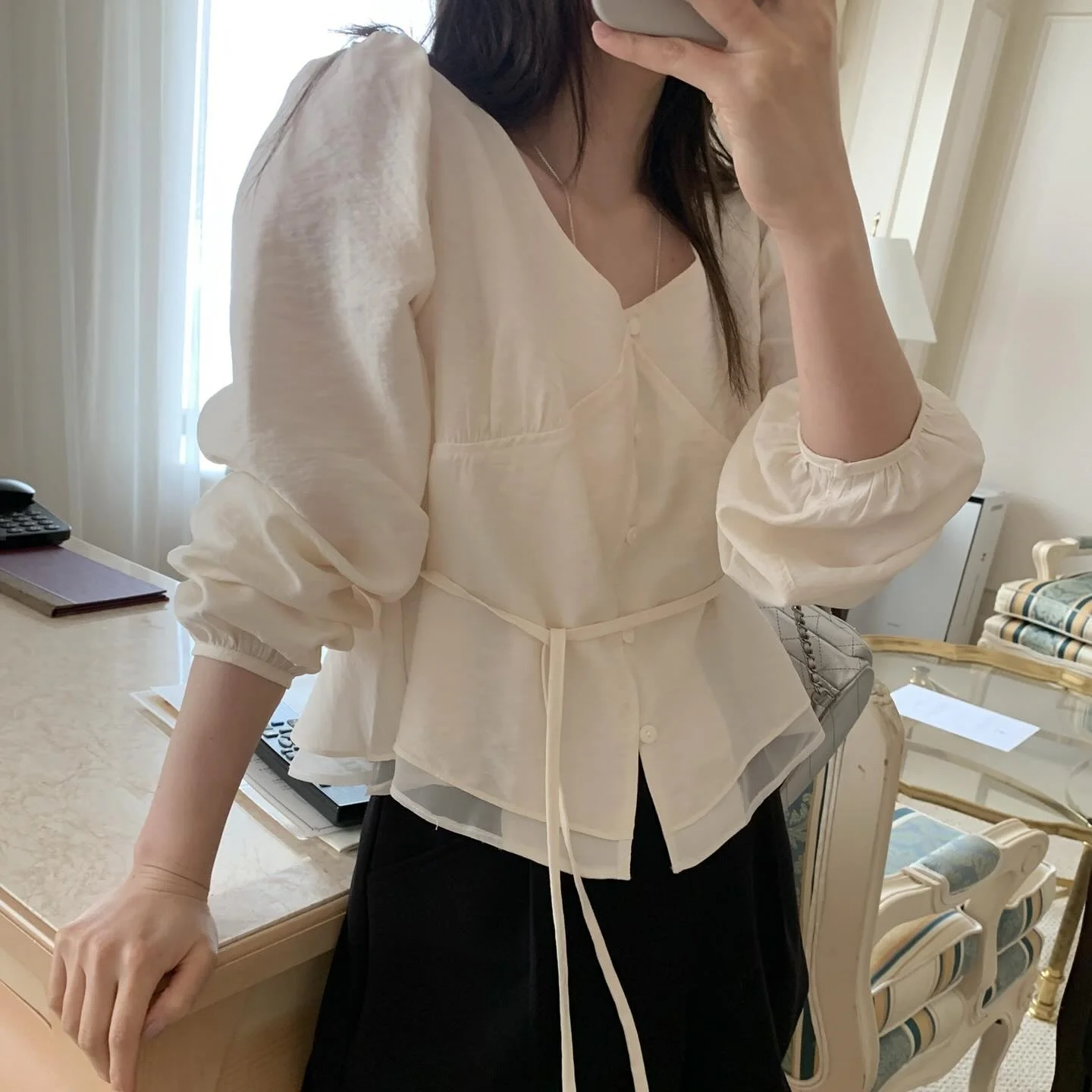 Elegant V-neck Single Button Double Layer Hem Design Shirt with Bow Waist Bubble Sleeve French Style Polyester Fiber Blouse