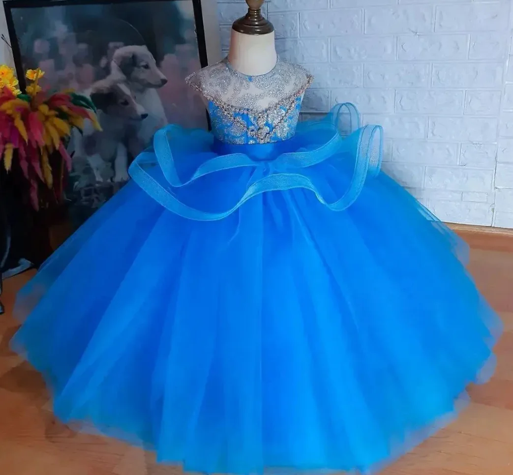 New Royal Blue Infant Girls Dress Beaded Top Toddler First Birthday Princess Beaded Christmas Ball Gown Photoshoot Party Outfit