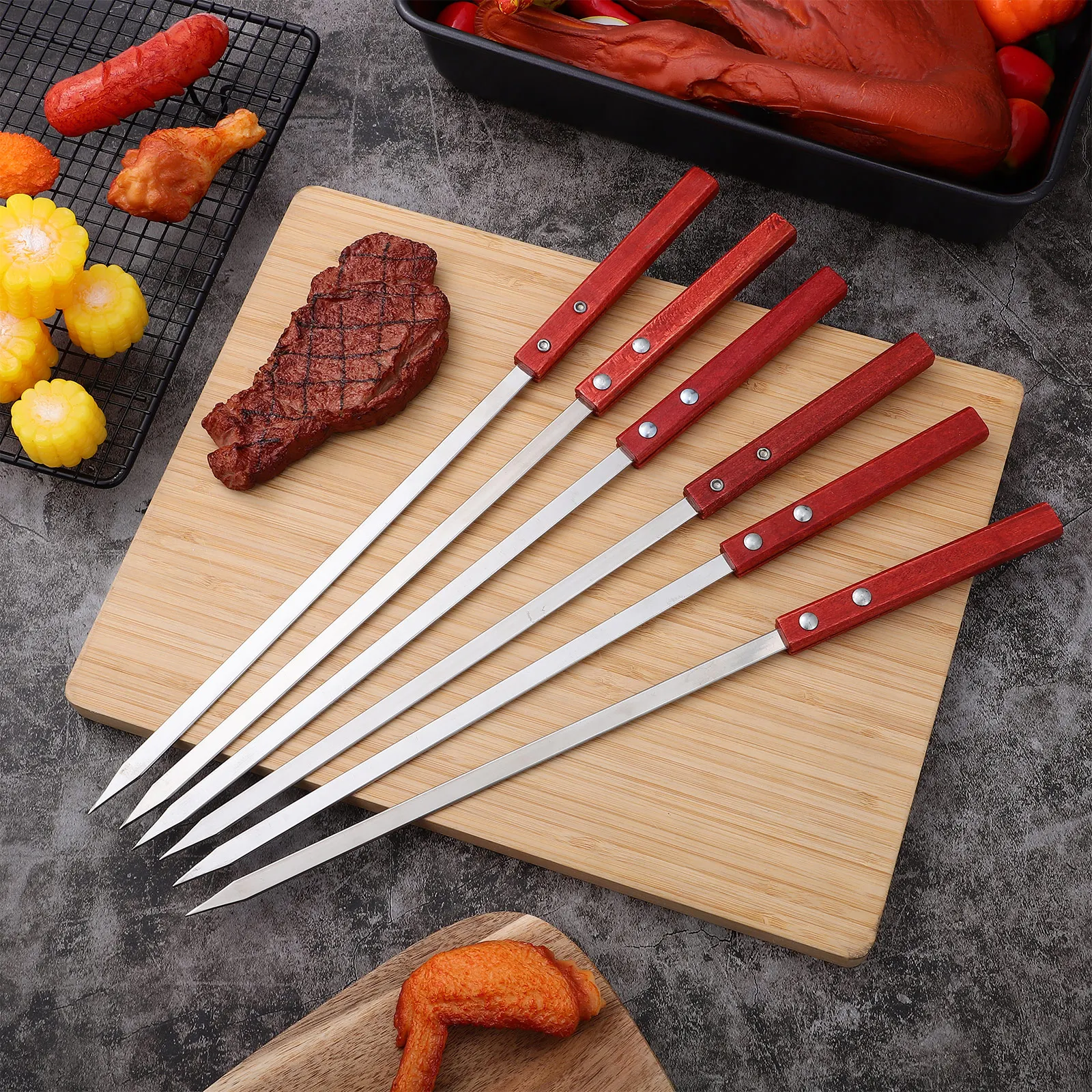 

6 Pcs Stainless Steel BBQ Skewers 40cm x 10mm x 2mm Flat Grilling Sticks Wooden H Kebab Tools For Party Picnic