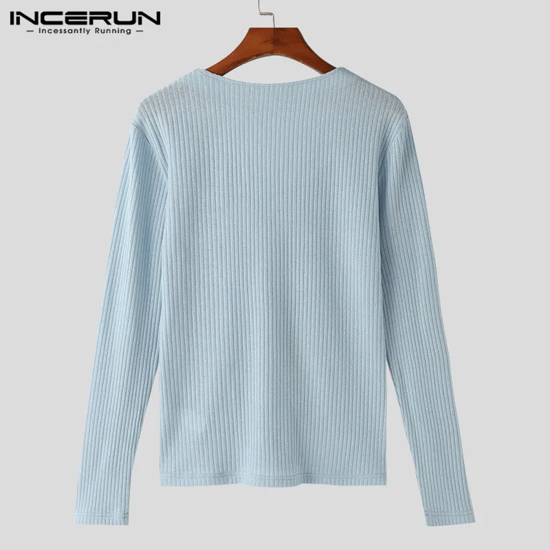 INCERUN Tops 2024 Handsome Men\'s Solid Knitted Striped Shirts Fashionable Male Simple All-match V-neck Long Sleeved Blouse S-5XL