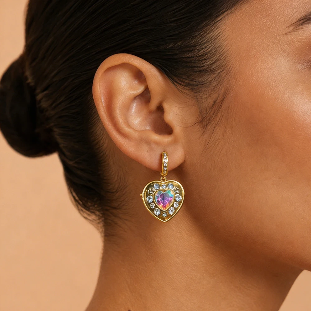 Niedliche Romantische Herz-Stern-Zirkonia-Anhänger-Ohrringe 18K Vergoldet Bunter Zirkon Edelstahl Akzentschmuck Geschenk für Frauen
