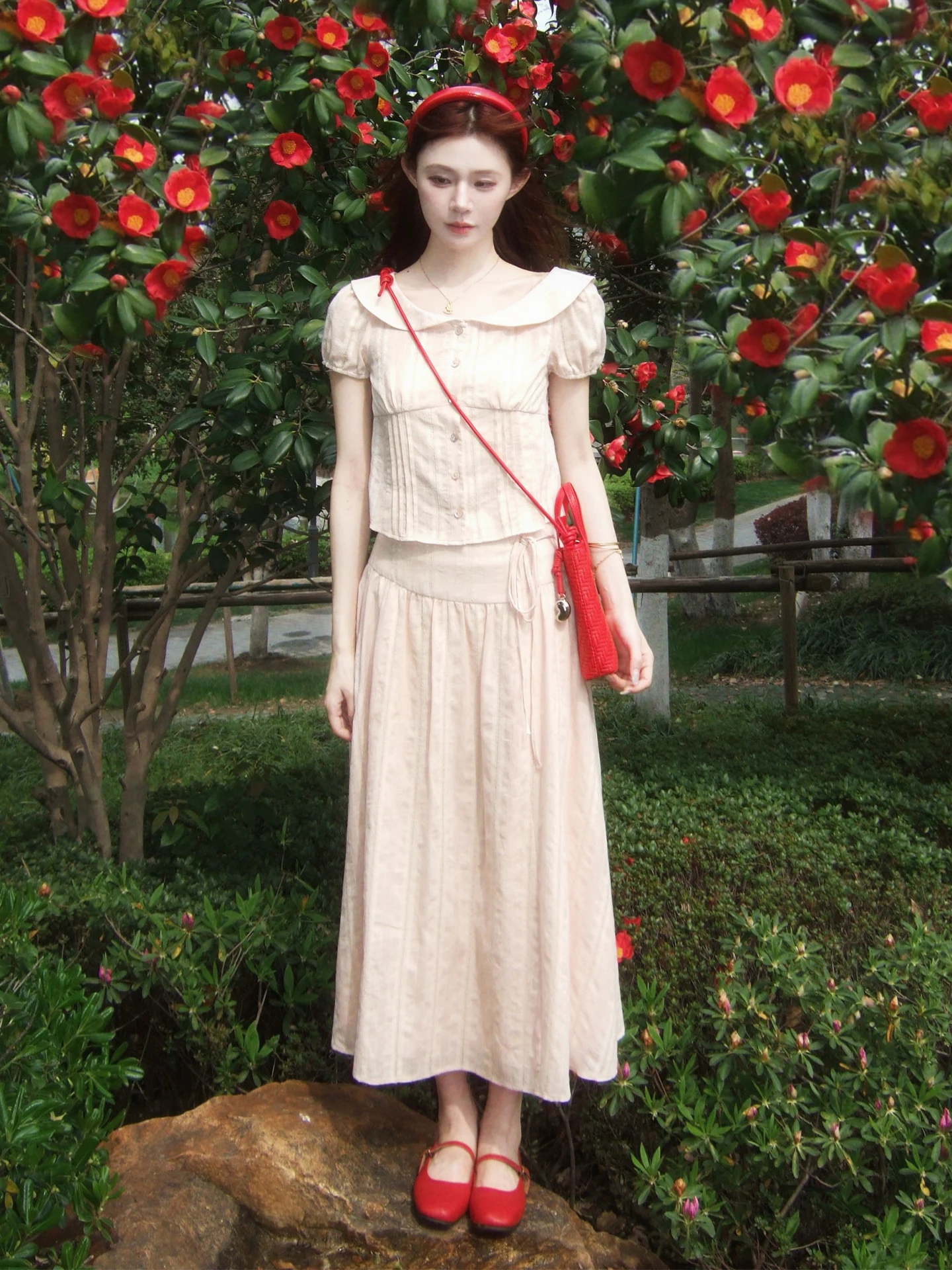 

100% Cotton Korean Style Doll Collar Floral Print Two-Piece Set Age-Defying High Waist Skirt And Button-Up Top Ensemble