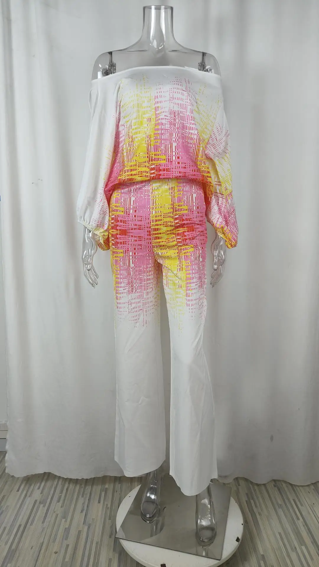 VEITCHE Frauen Print Outfit Ärmel Off Schulter Langarm Bluse Büro Dame 2-teilige Sets Frühling Herbst Breite Bein Hosen Anzug – Detail 30