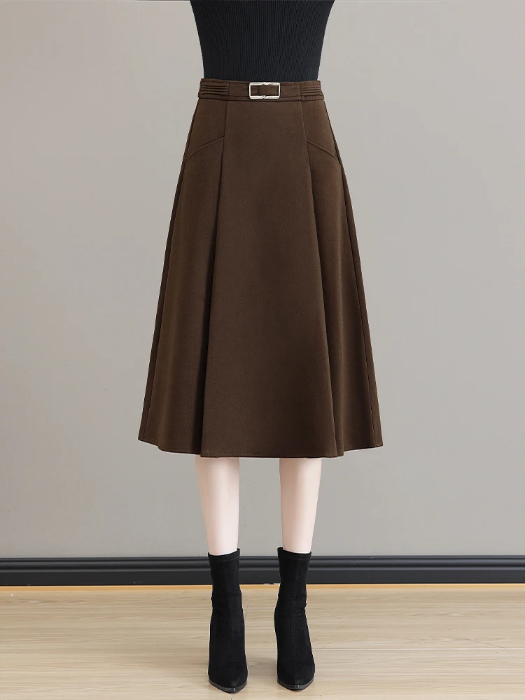 

High Waist A-Line Midi Skirt Women's Autumn Winter Thickened Woolen Plaid Skirt Slimming Concealing Large Flounce Skirt