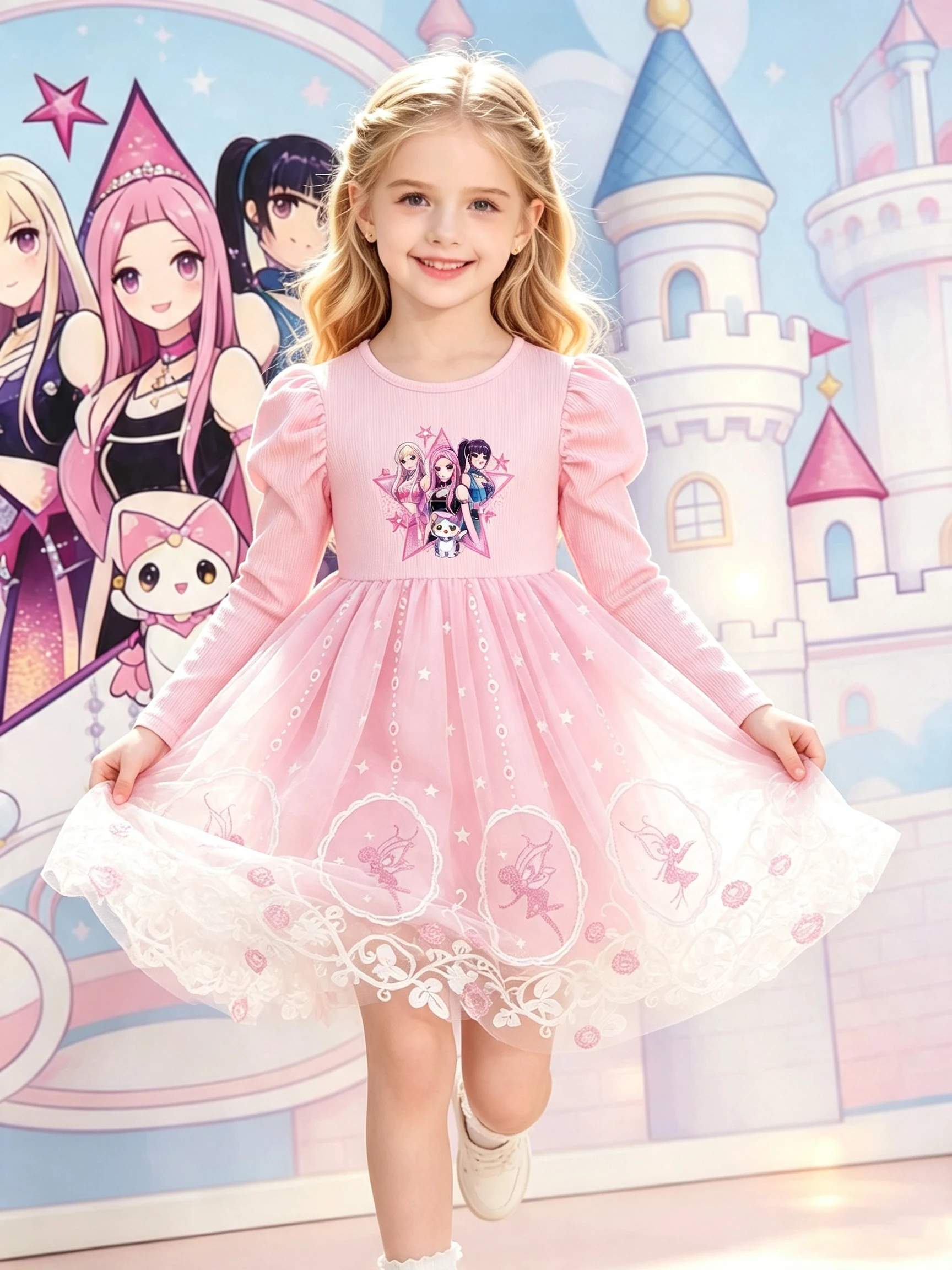 Mädchen-Cartoon-Print Langarm-Tüll-Prinzessinnenkleid, Rosa Puffärmel Elfen-Stickerei-Spitzen-Tutu-Kleid, Kinder Frühling und Herbst – Detail 4