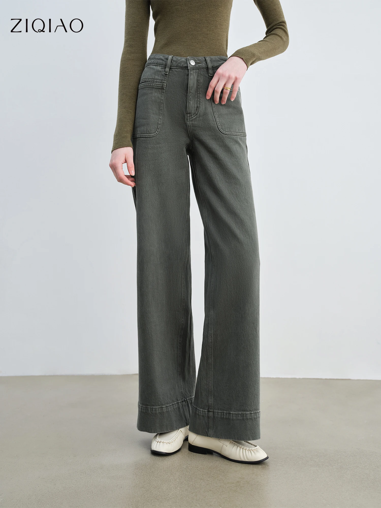 ZIQIAO Retro Custom-dyed Green Jeans for Women 2025 New Style Hip-covering Straight Pants Slim Wide-leg Long Pants 25ZQ93010